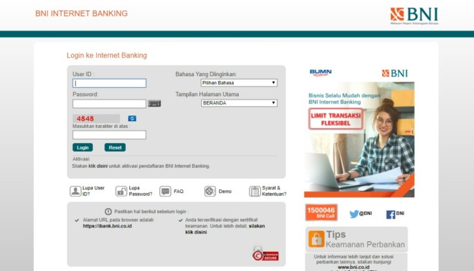 Halaman login Layanan BNI Syariah internet banking