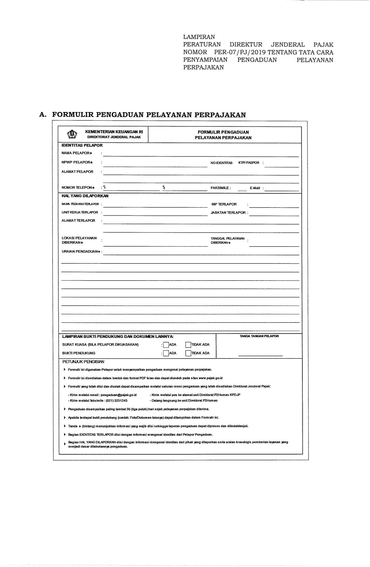 Formulir pengaduan layanan pajak