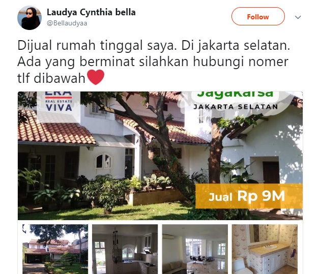 Laudya Cynthia Bella menjual rumahnya (Twitter @Bellaudyaa)